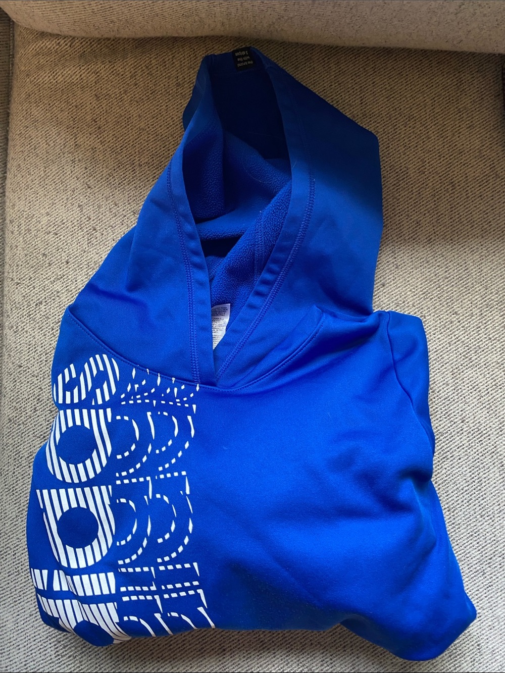 Blue Adidas Graphic Hoodie with Vertical White Logo Print